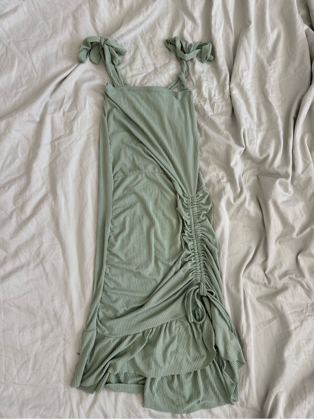 Tie-Shoulder Ribbed Dress in Sage Green